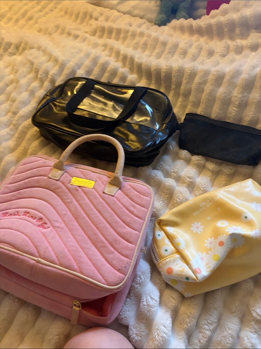 Pink Quilted Travel Case with Daisy Yellow Pouch and Black Cosmetic Bags